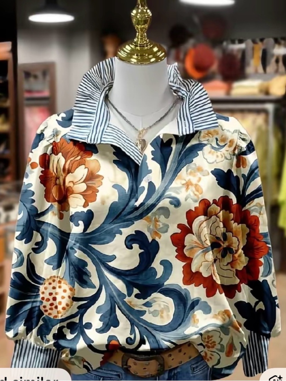 Women’s Floral Button-Front Blouse with Navy Scrolls - Cream & Rust